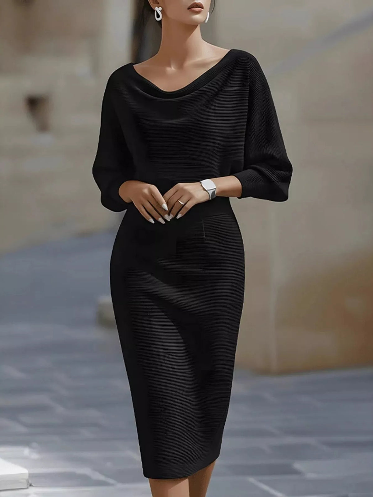 Cowl neck knit bodycon dress fabric and trim detail