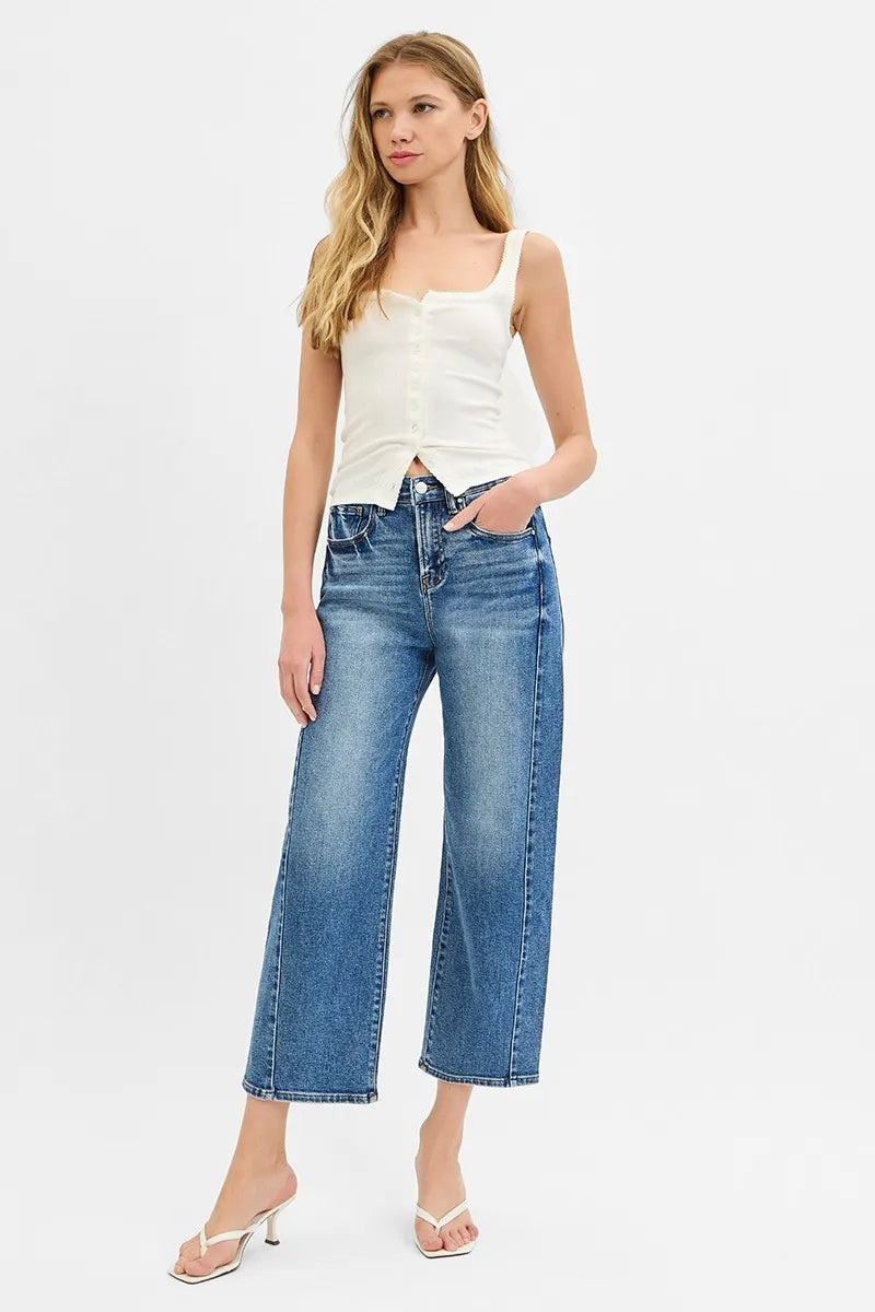RISEN High Rise Crop Length Barrel Adjustable Waist Band Jeans - Fashorio