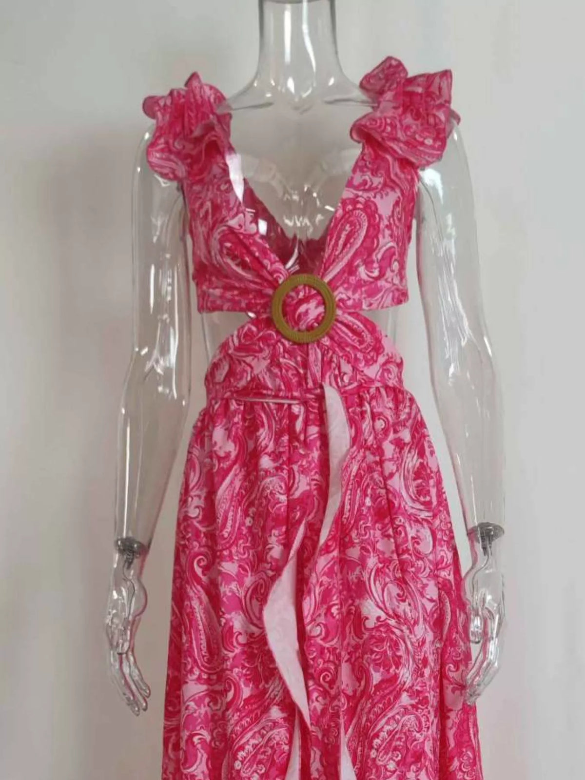 Ruffled cutout V neck maxi dress movement shot