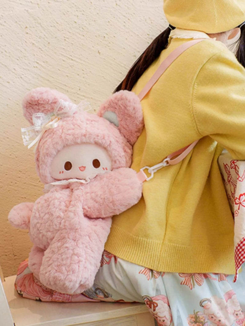 Blush pink plush bunny backpack front view