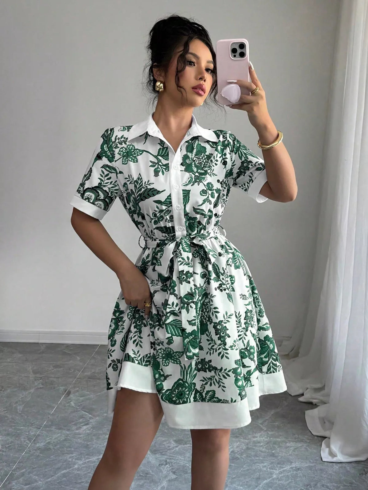 Printed button front belted mini dress flat lay view