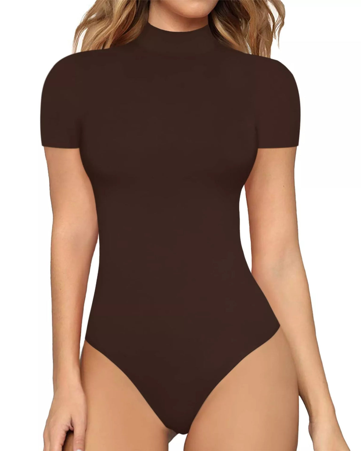 Mock neck short sleeve bodysuit fabric texture view