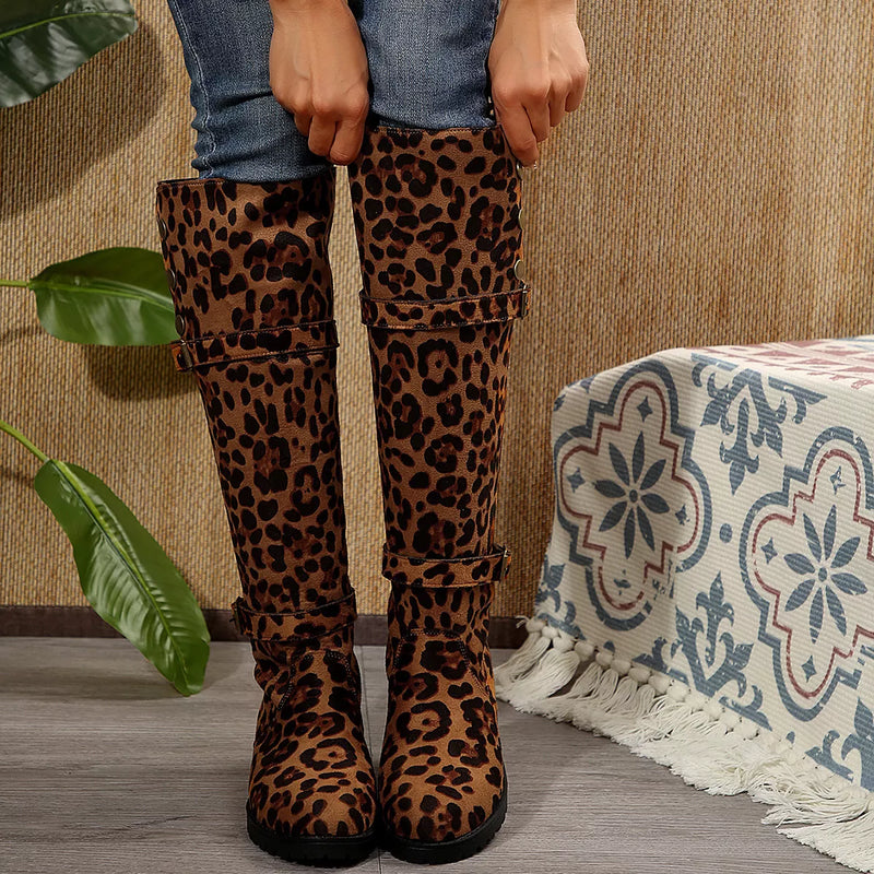 Leopard print block heel boots front view