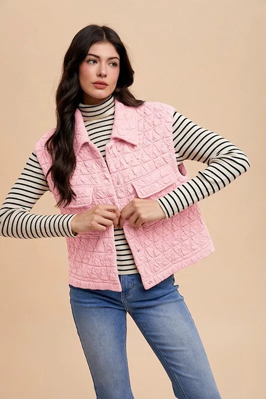 Annie Wear Texture Quilted Snap Down Vest Coat - Fashorio