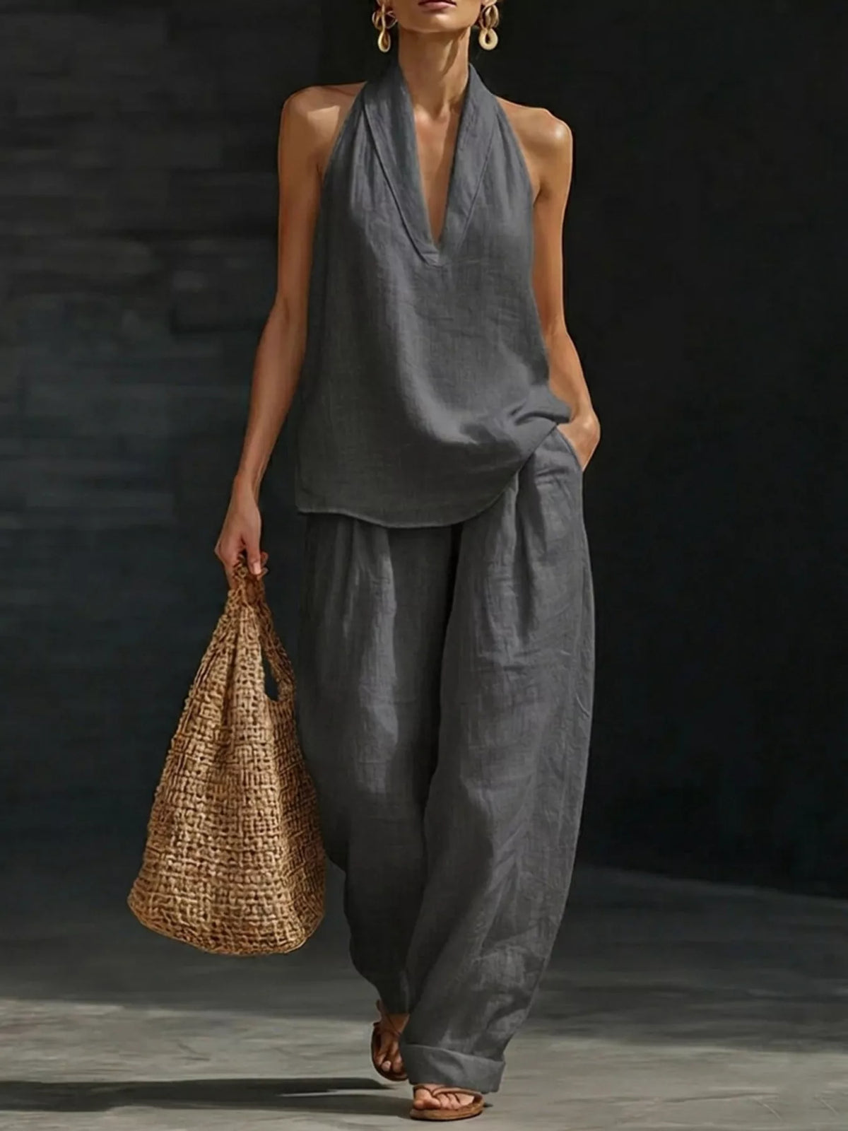 Coordinated halter set styled outfit