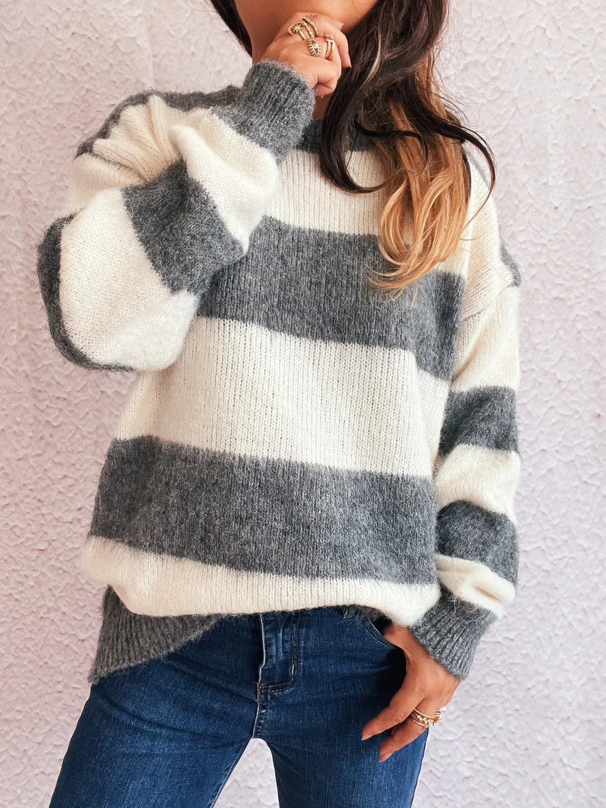 Striped contrast long sleeve oversized sweater front view