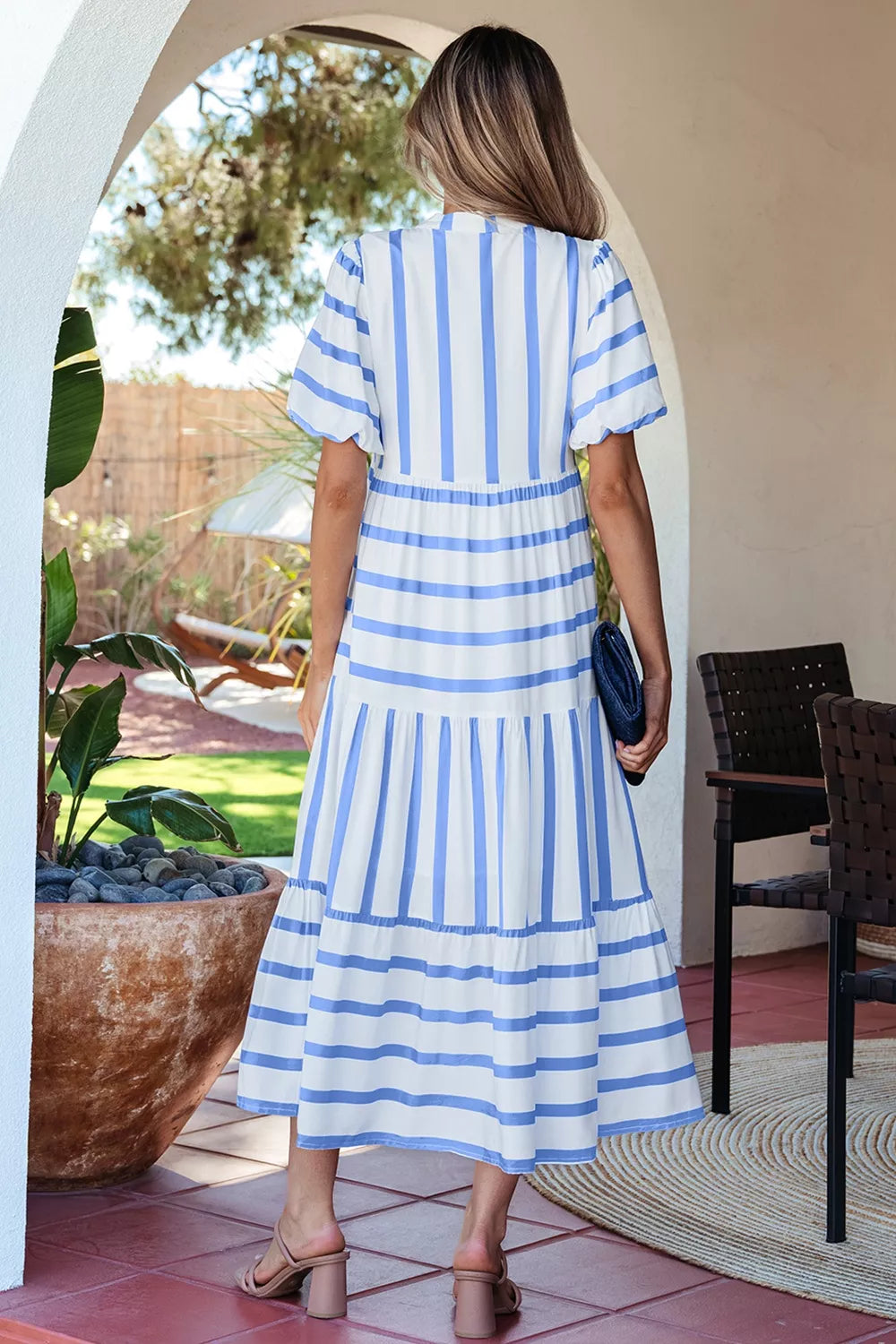 Light blue striped ricrac trim maxi dress side view