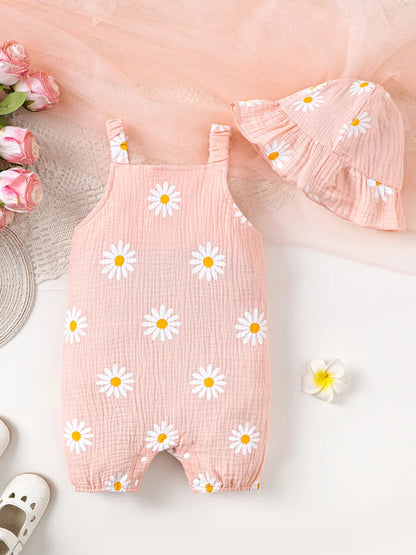 Children's Daisy Textured Wide Strap Romper and Hat Set Watermelon pink - Fashorio