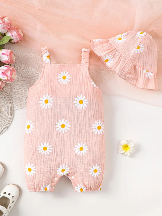 Children's Daisy Textured Wide Strap Romper and Hat Set Watermelon pink - Fashorio