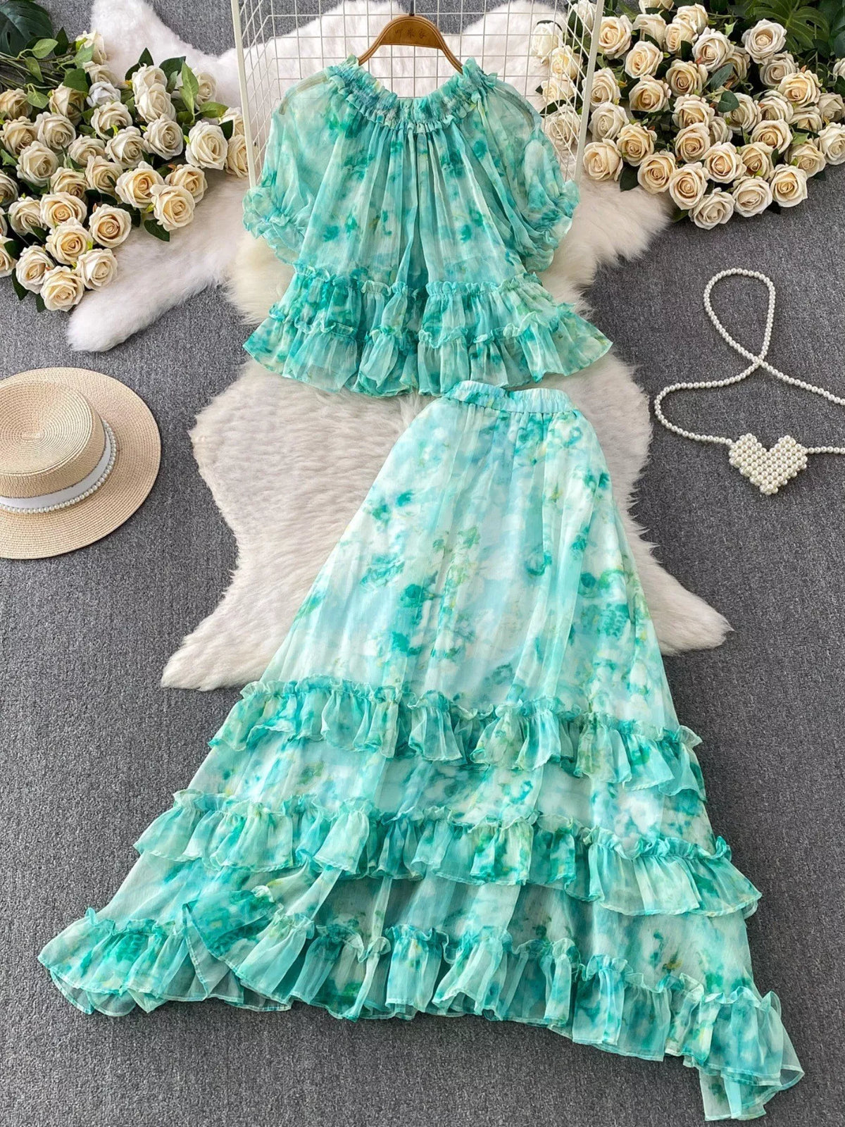 Floral set green color full look