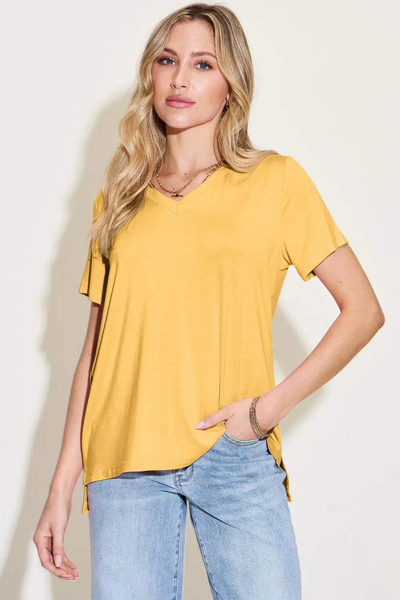 Bamboo v neck high low hem t-shirt yellow front view
