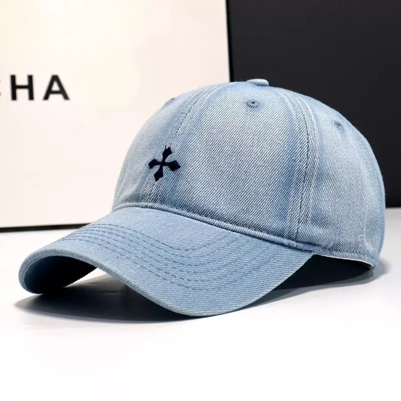 Denim embroidered baseball cap side view
