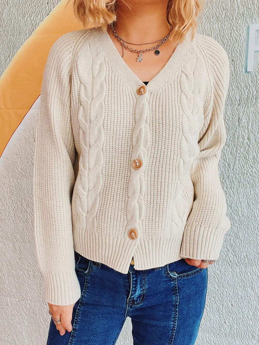 Cable-Knit V-Neck Button Down Long Sleeve Cardigan Beige One Size - Fashorio