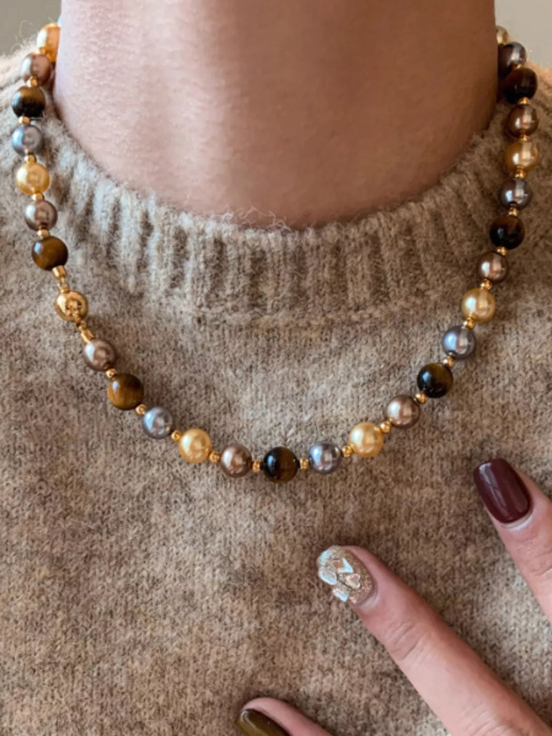 Tiger eye and pearl beaded necklace