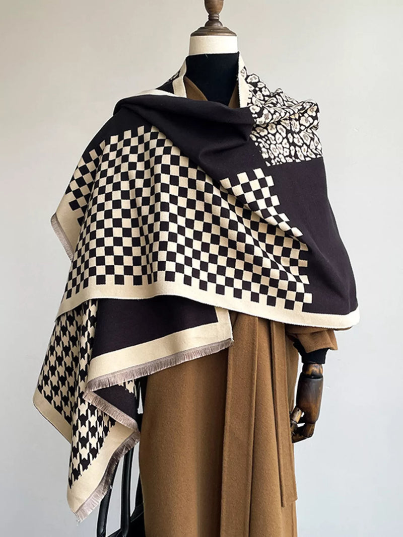 Checkered raw hem scarf in a black and white check