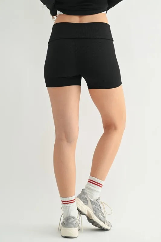 black Mono B ribbed foldover waist shorts side view