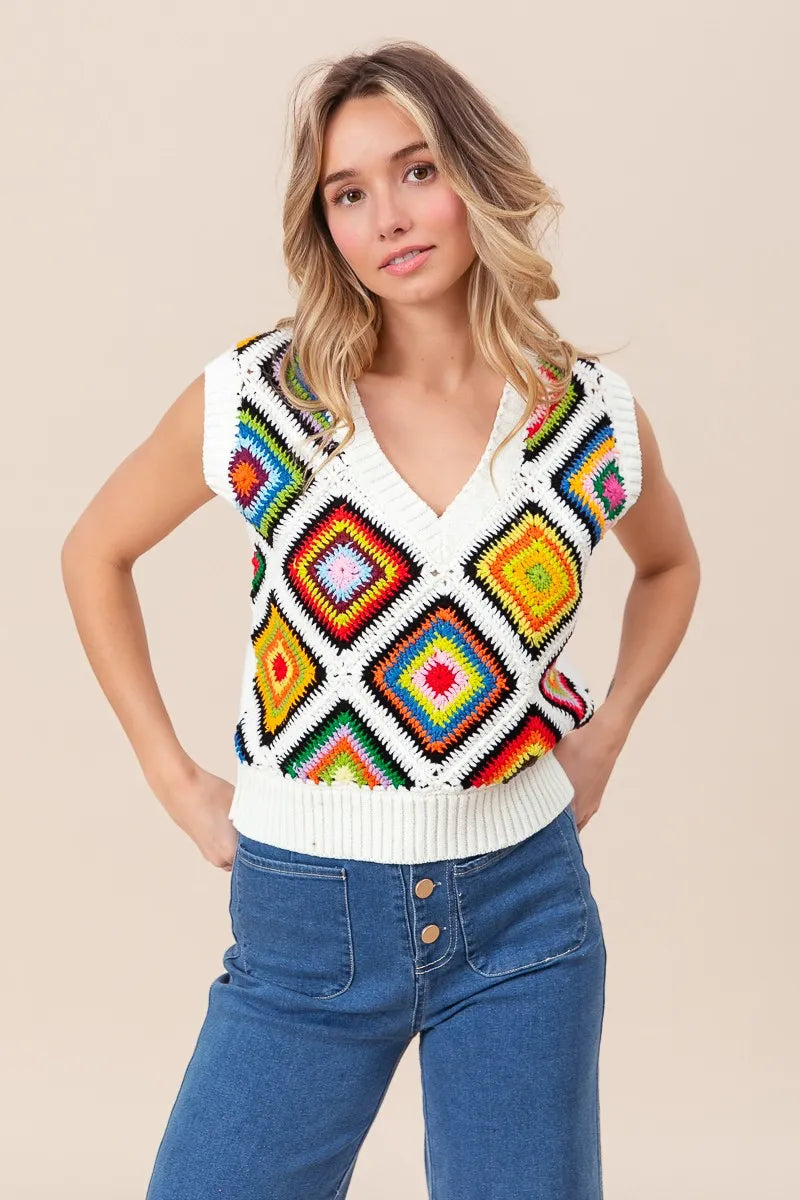 BiBi Diamond Granny Square Sweater Vest - Fashorio