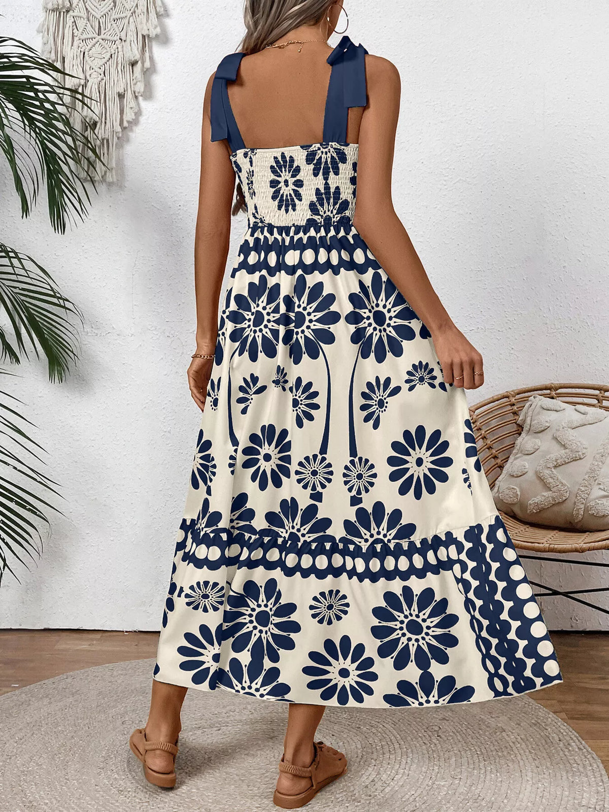 Red floral print tie shoulder midi dress front view