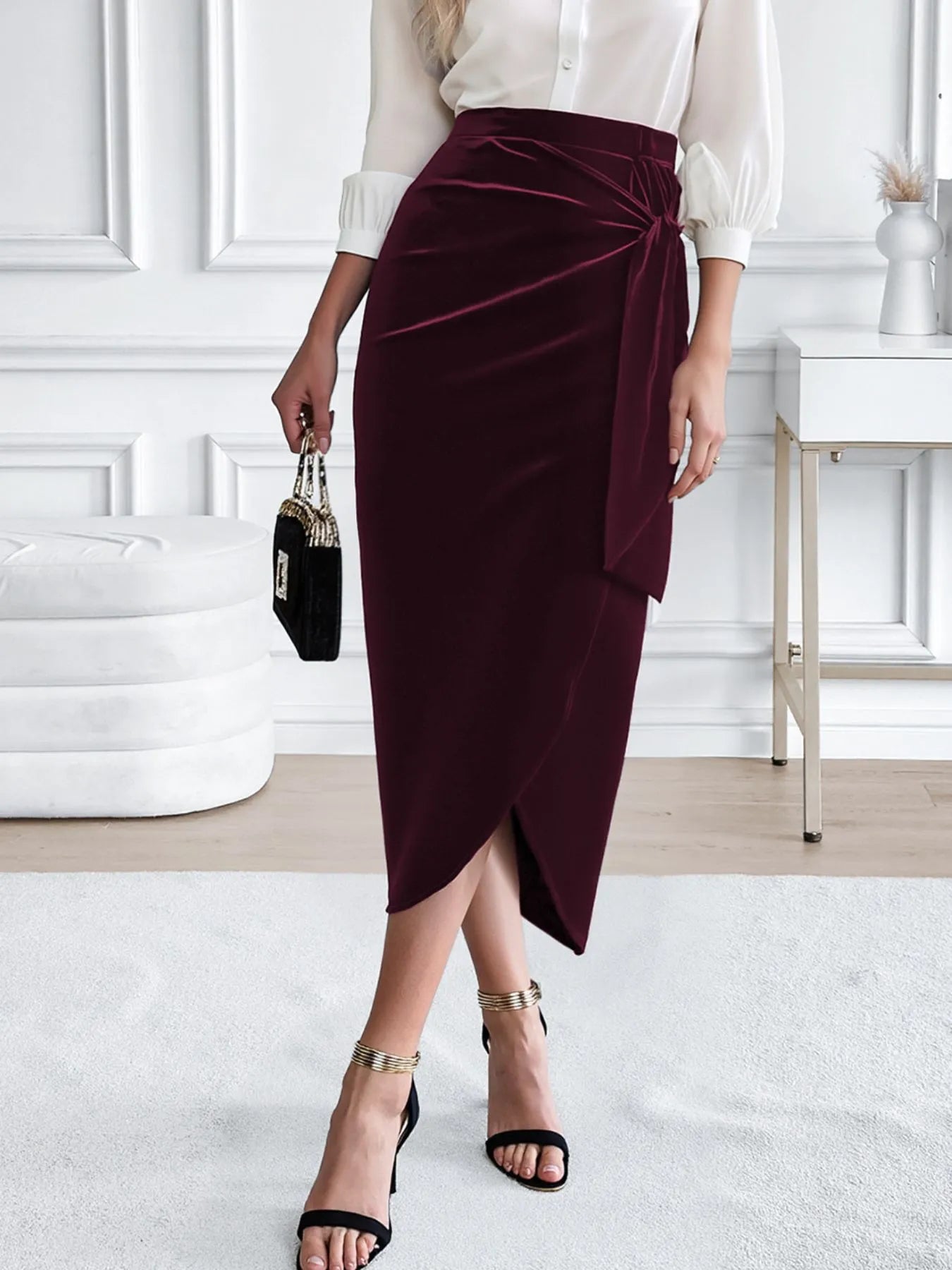 Side Tied Velvet Skirt - Fashorio