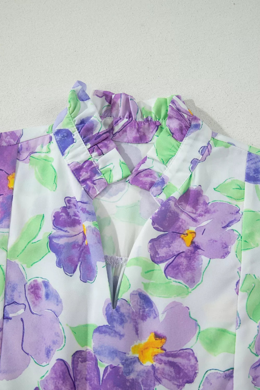 Lilac floral V collar tiered ruffle mini dress front view
