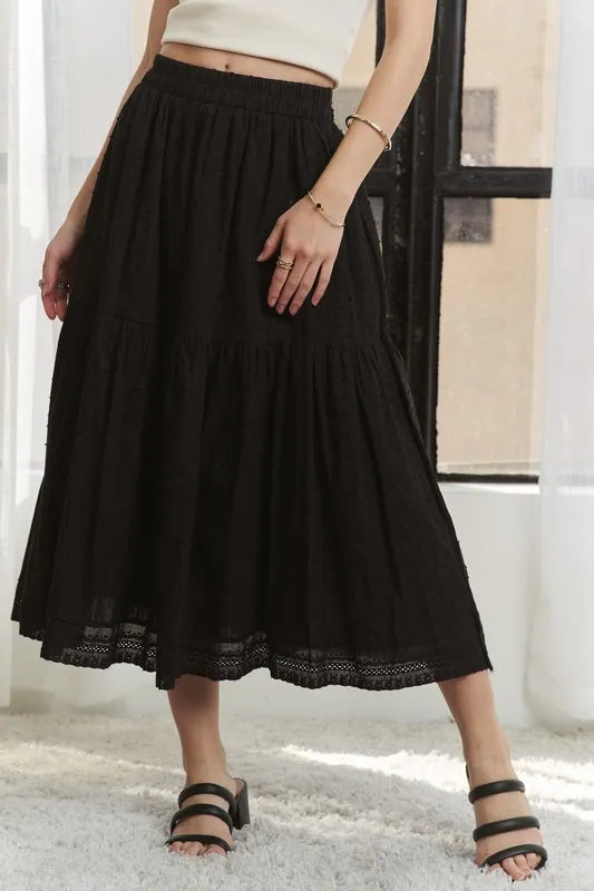 ADORA Elastic Waistband Tiered Midi Skirt - Fashorio