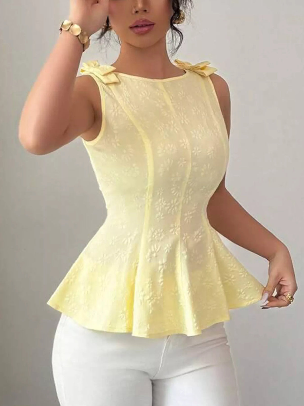 Bow shoulder peplum tank top front view