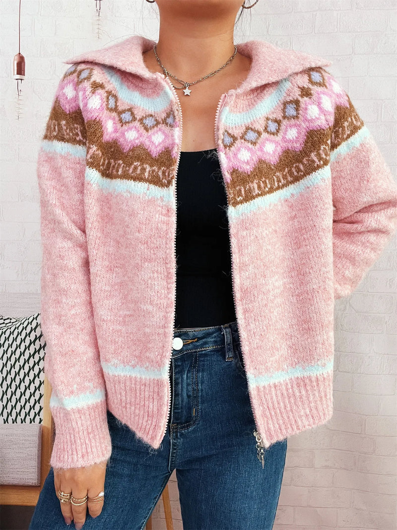 fair isle pattern zip up cardigan front view