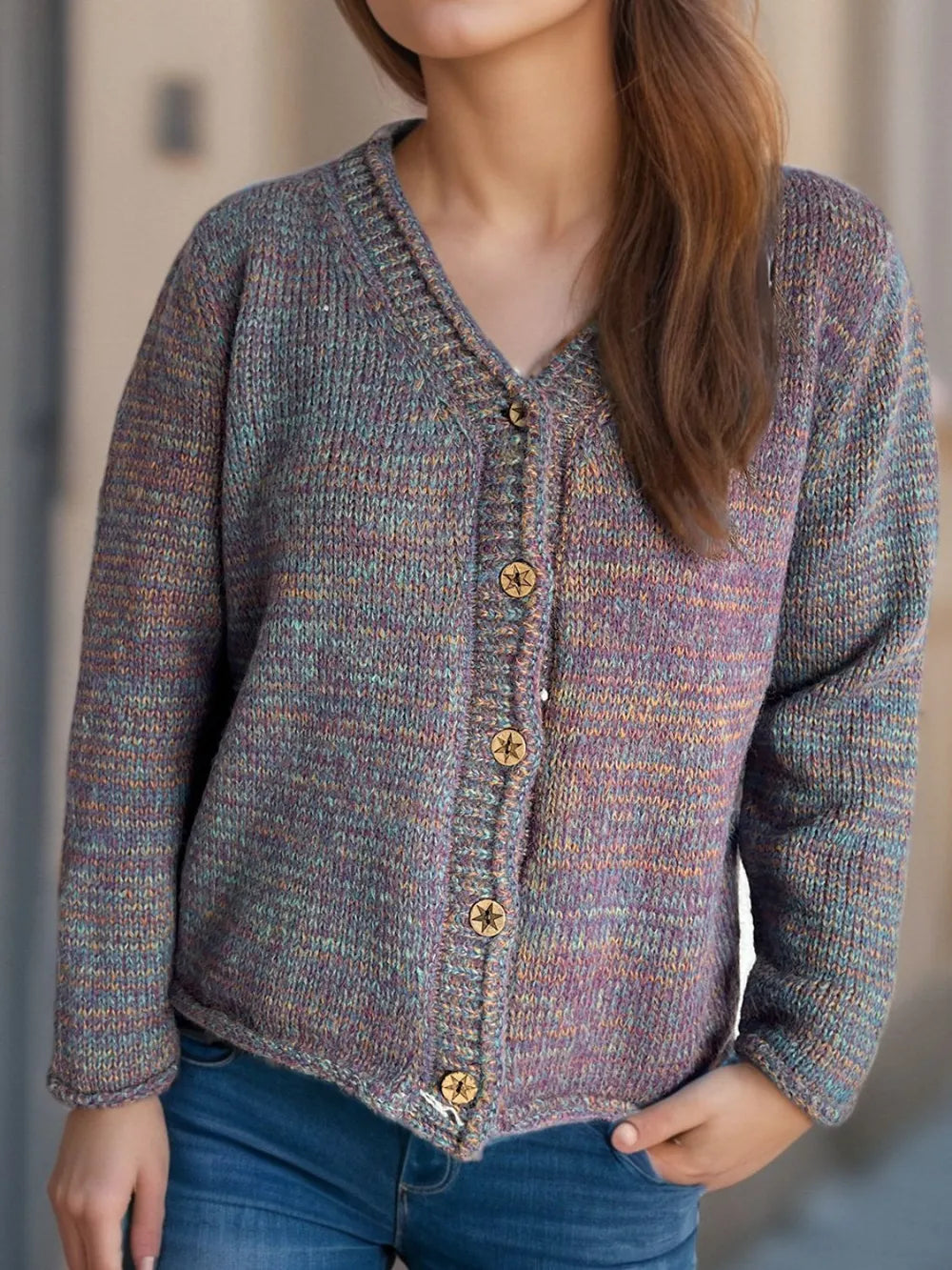 Heathered V-Neck Long Sleeve Cardigan Mauve One Size - Fashorio