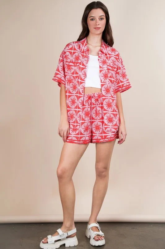 VERY J Full Size Tropical Printed Shirt Top and Shorts Set Plus Size - Fashorio