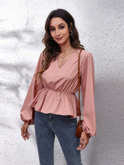 V-Neck Balloon Sleeve Peplum Blouse Dusty Pink - Fashorio
