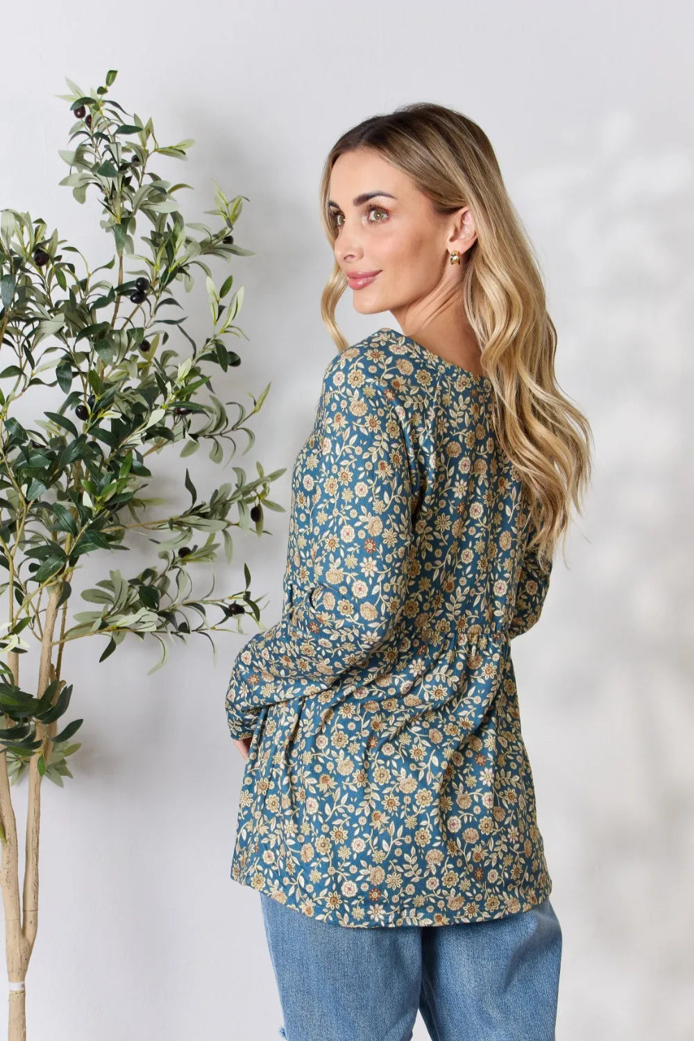Heimish Full Size Floral Half Button Long Sleeve Blouse - Fashorio