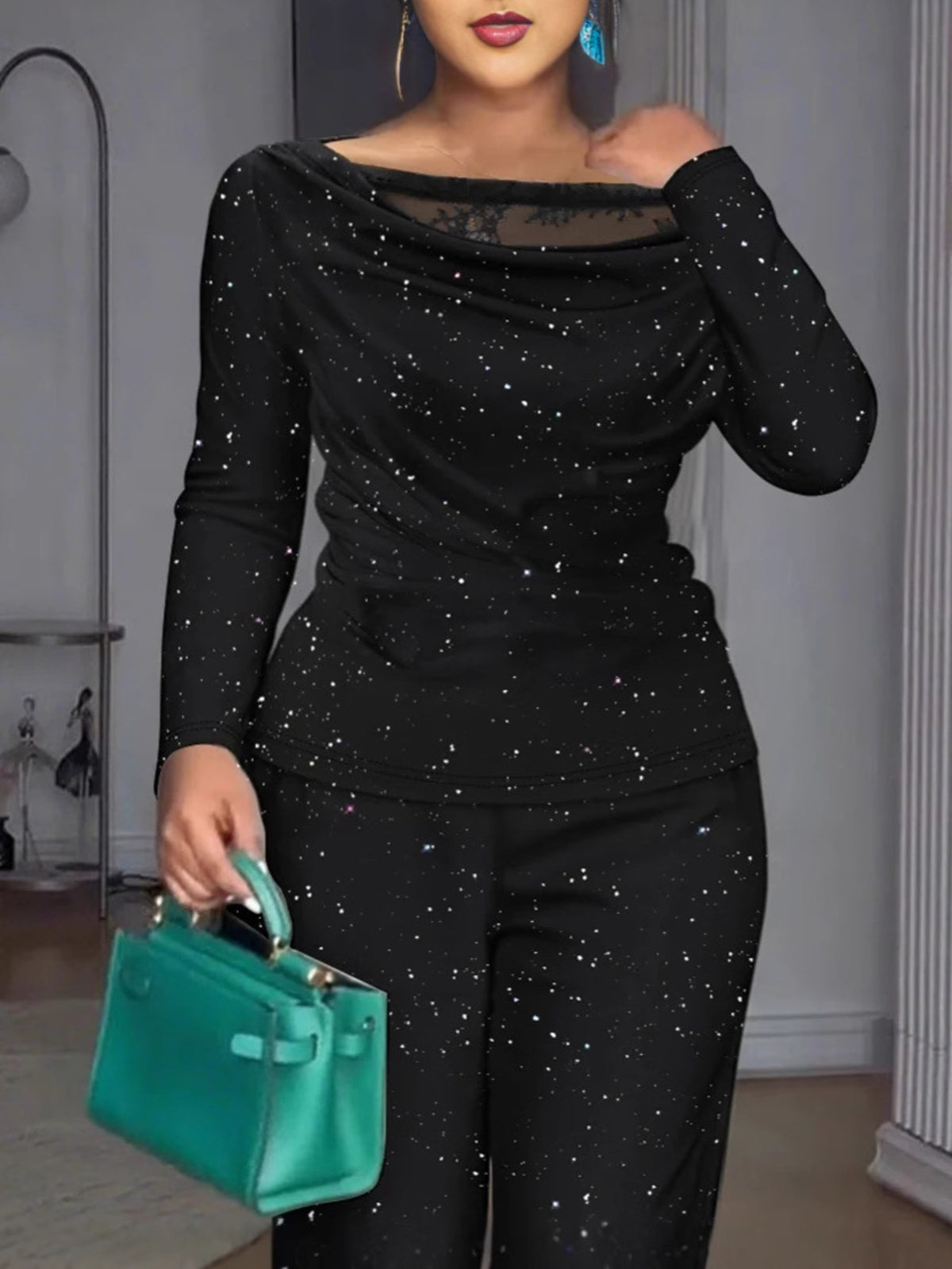 Black shimmering mesh top and pants coordinated set styled