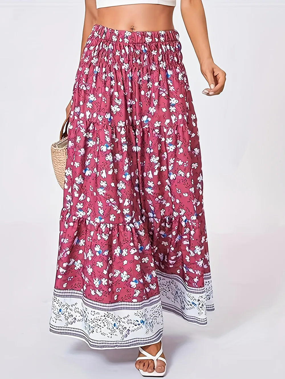 Green tiered printed maxi skirt front view
