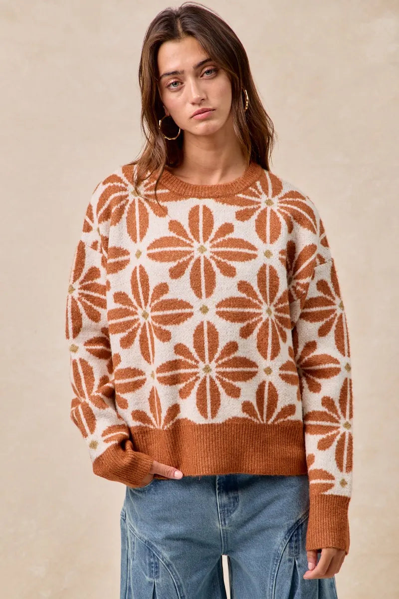 Floral Pattern Long Sleeve Sweater in Rust and Ivory close up