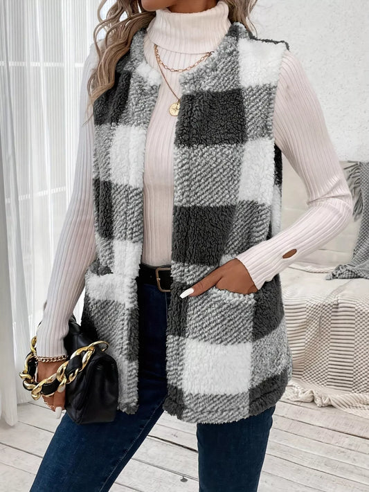 Plaid Sherpa Vest Coat with Pockets - Fashorio