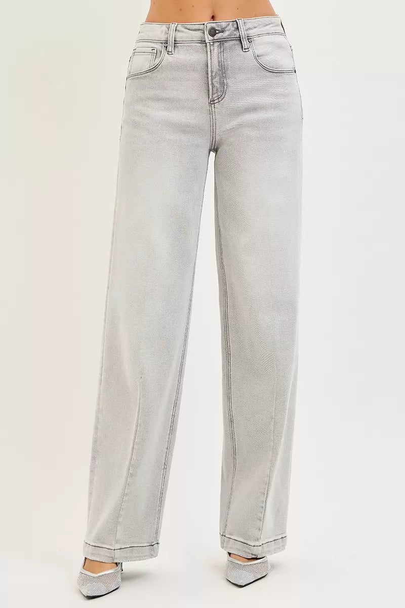 RISEN slouchy baggy jeans with contrast stitching front view in light grey