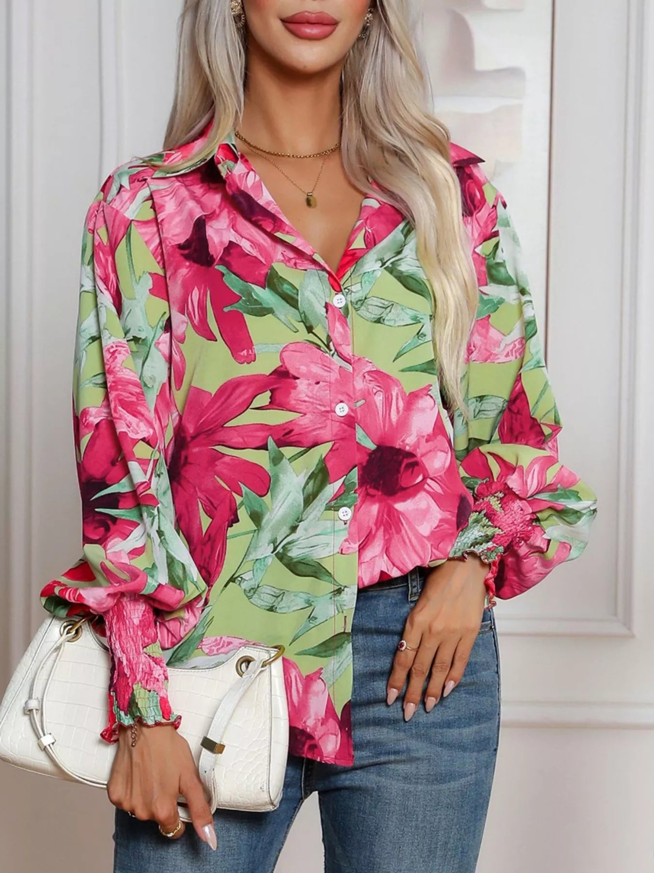 Printed Button Up Long Sleeve Shirt Hot Pink - Fashorio