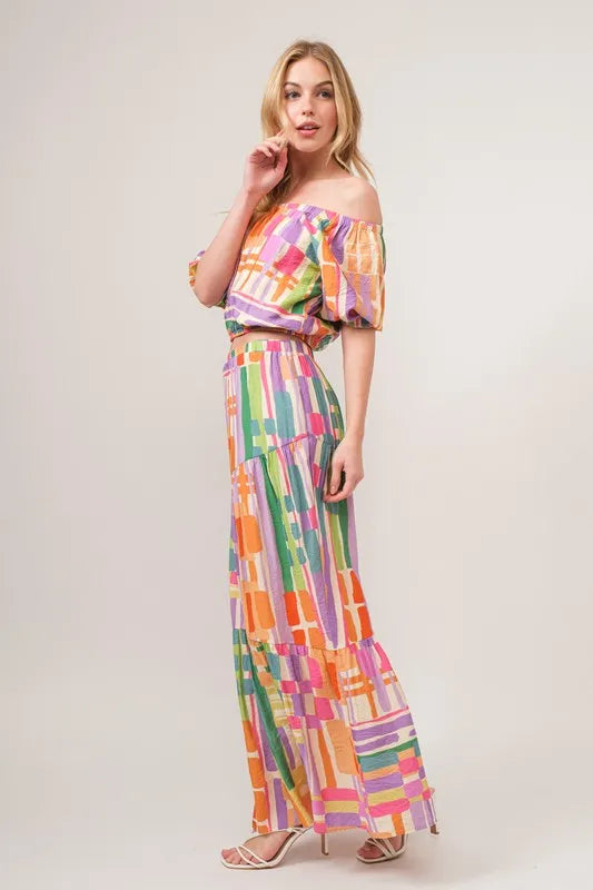 And The Why Asymmetric Geo Printed Tiered Maxi Skirt - Fashorio