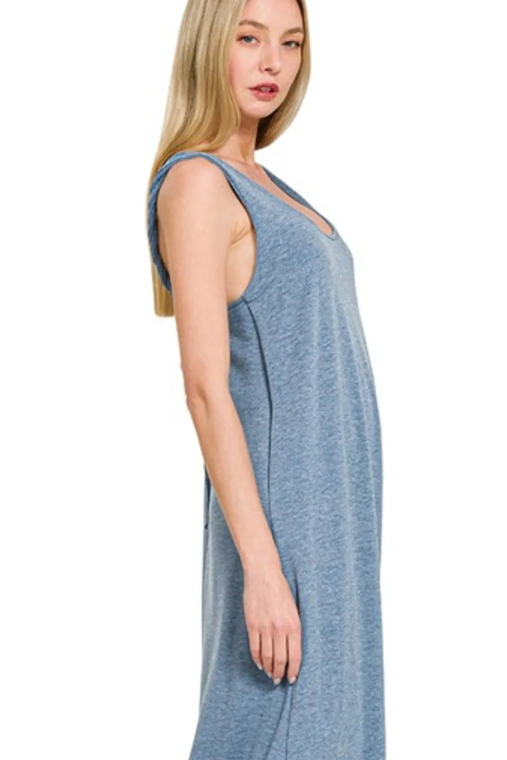 French Terry Twist Strap Midi Dress in Dusty Blue side view