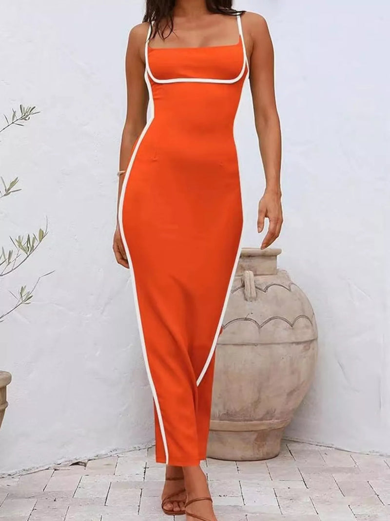 Eudora contrast trim spaghetti strap maxi dress in white, front view