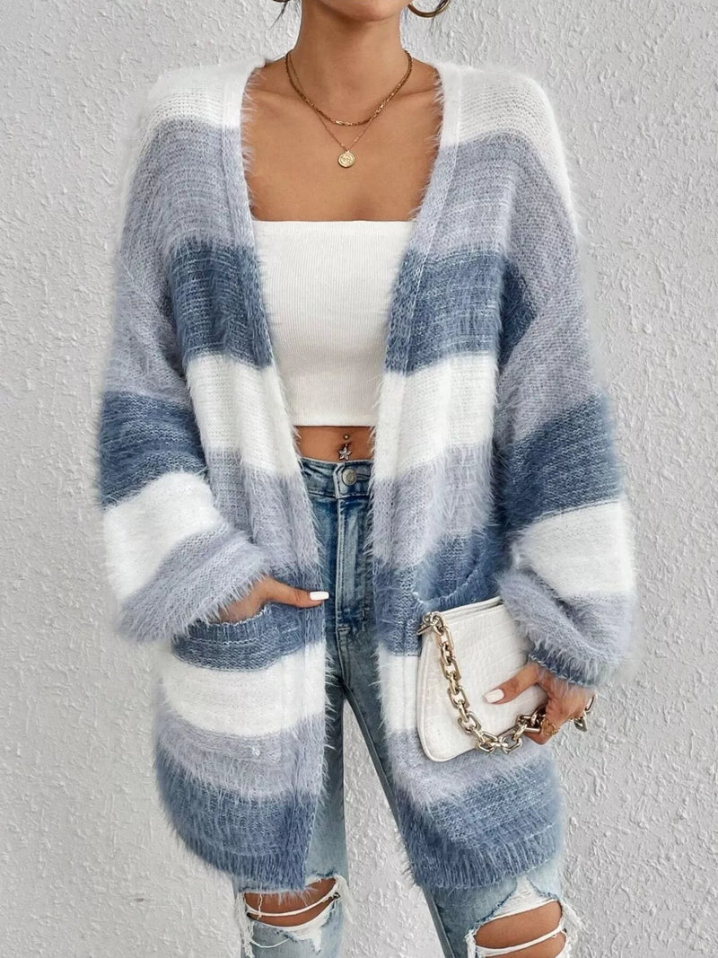 Striped fuzzy open front cardigan front view