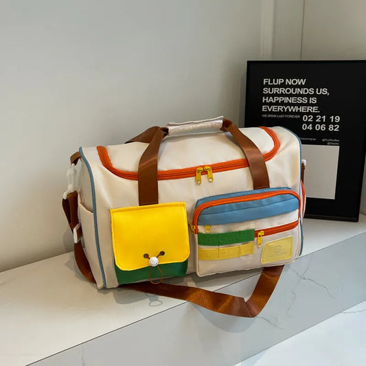 Color Block Multi-Pockets Travel Bag Beige One Size - Fashorio