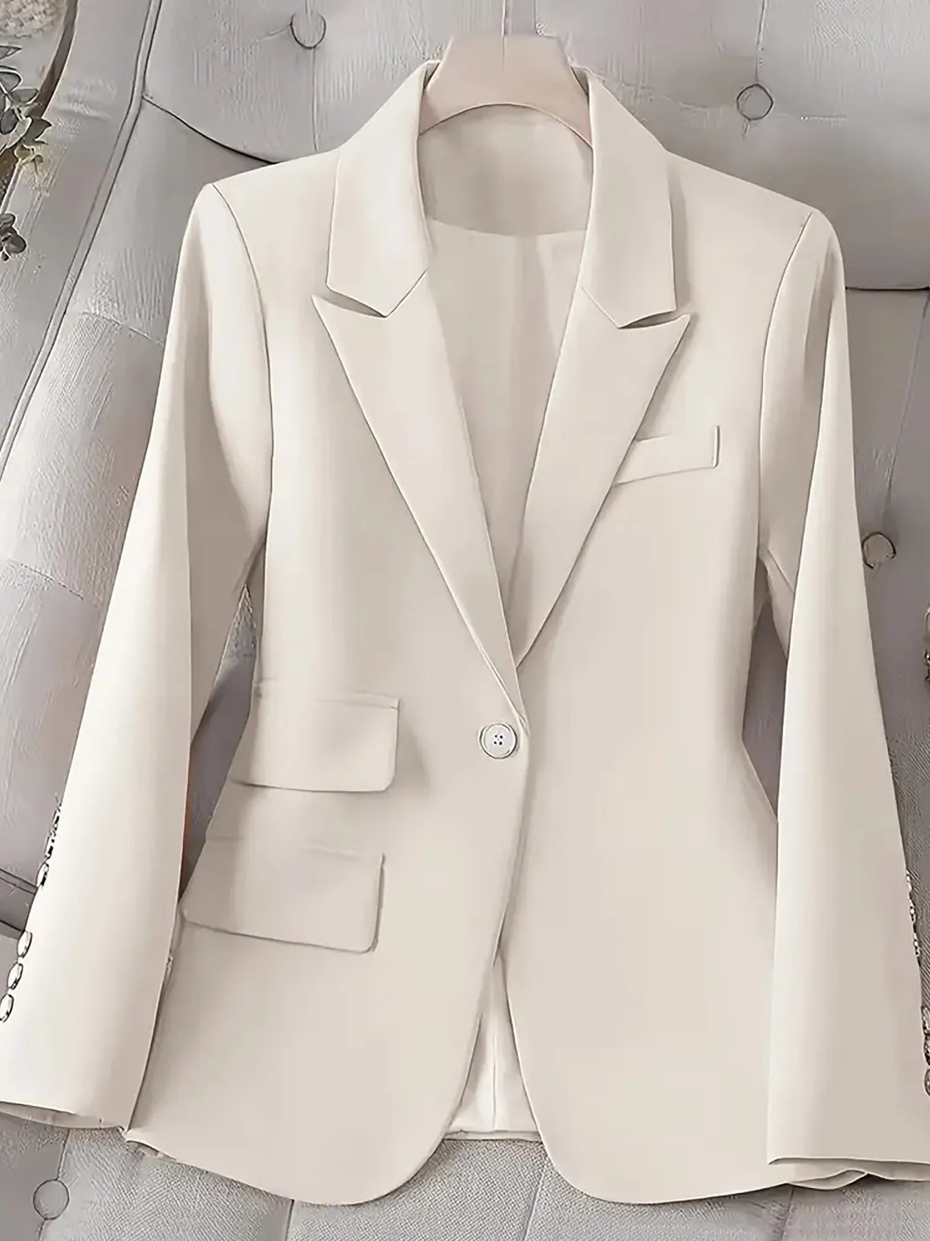 Single-Button Long Sleeve Blazer White - Fashorio