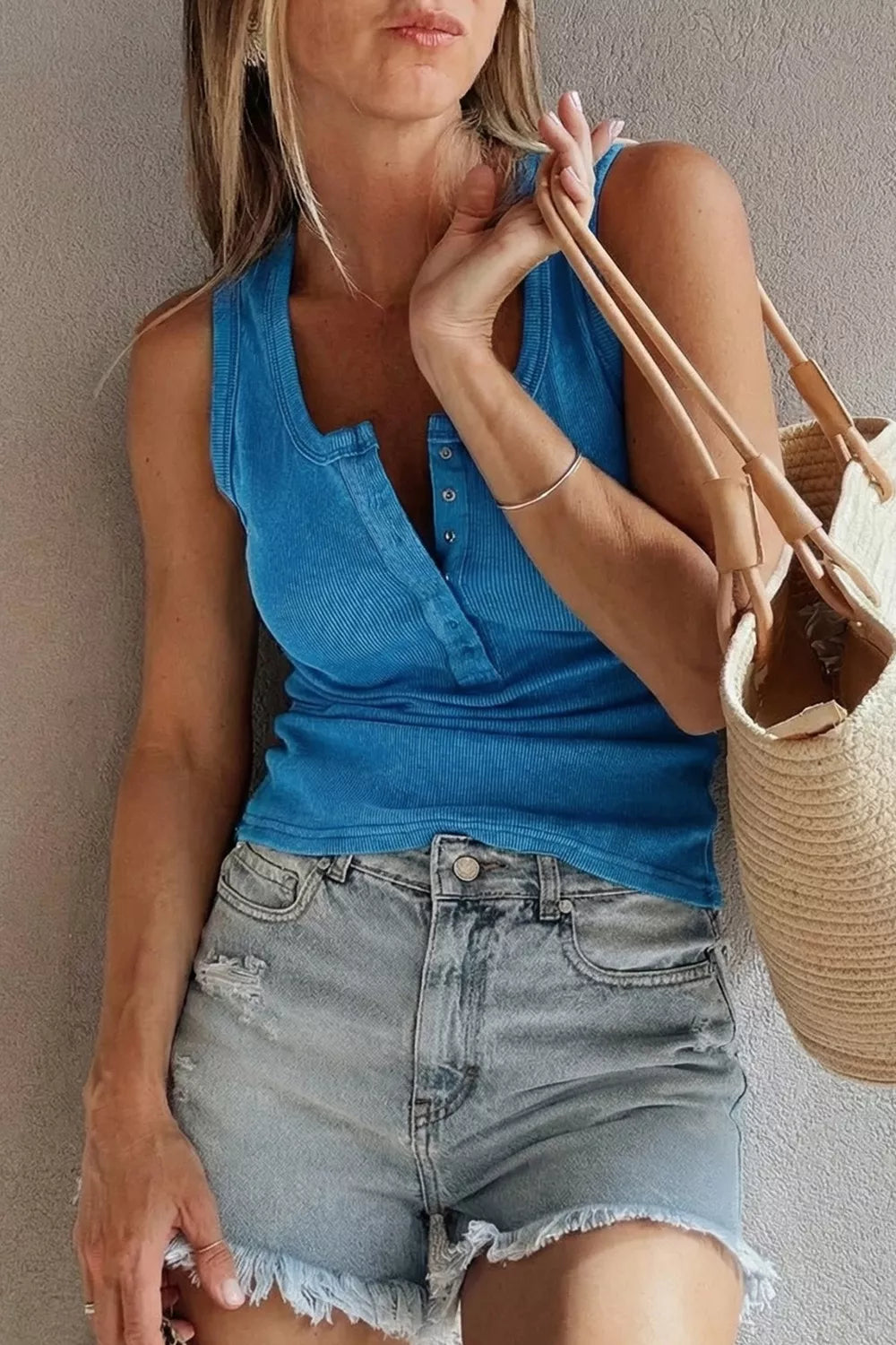 Blue ribbed knit wide strap tank, side view