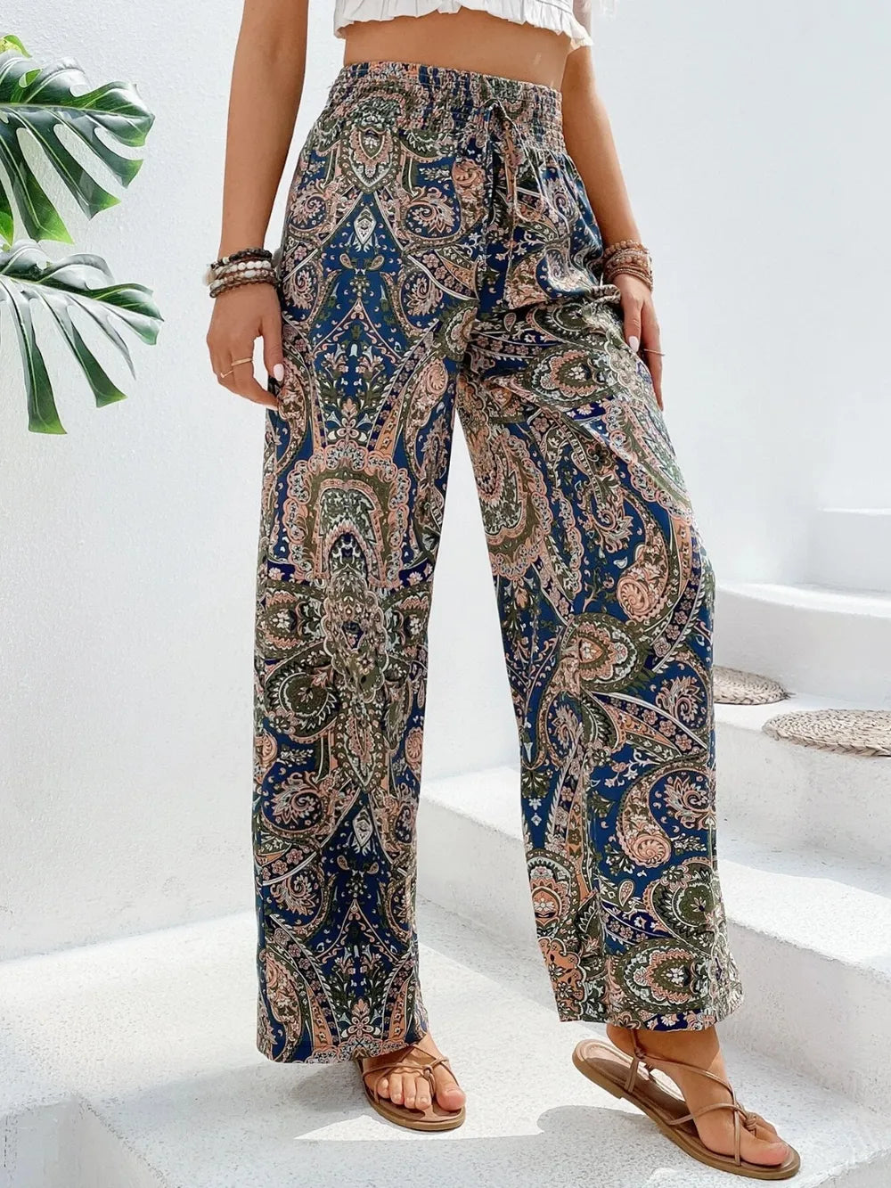 Printed tie waist wide leg pants deep red colorway