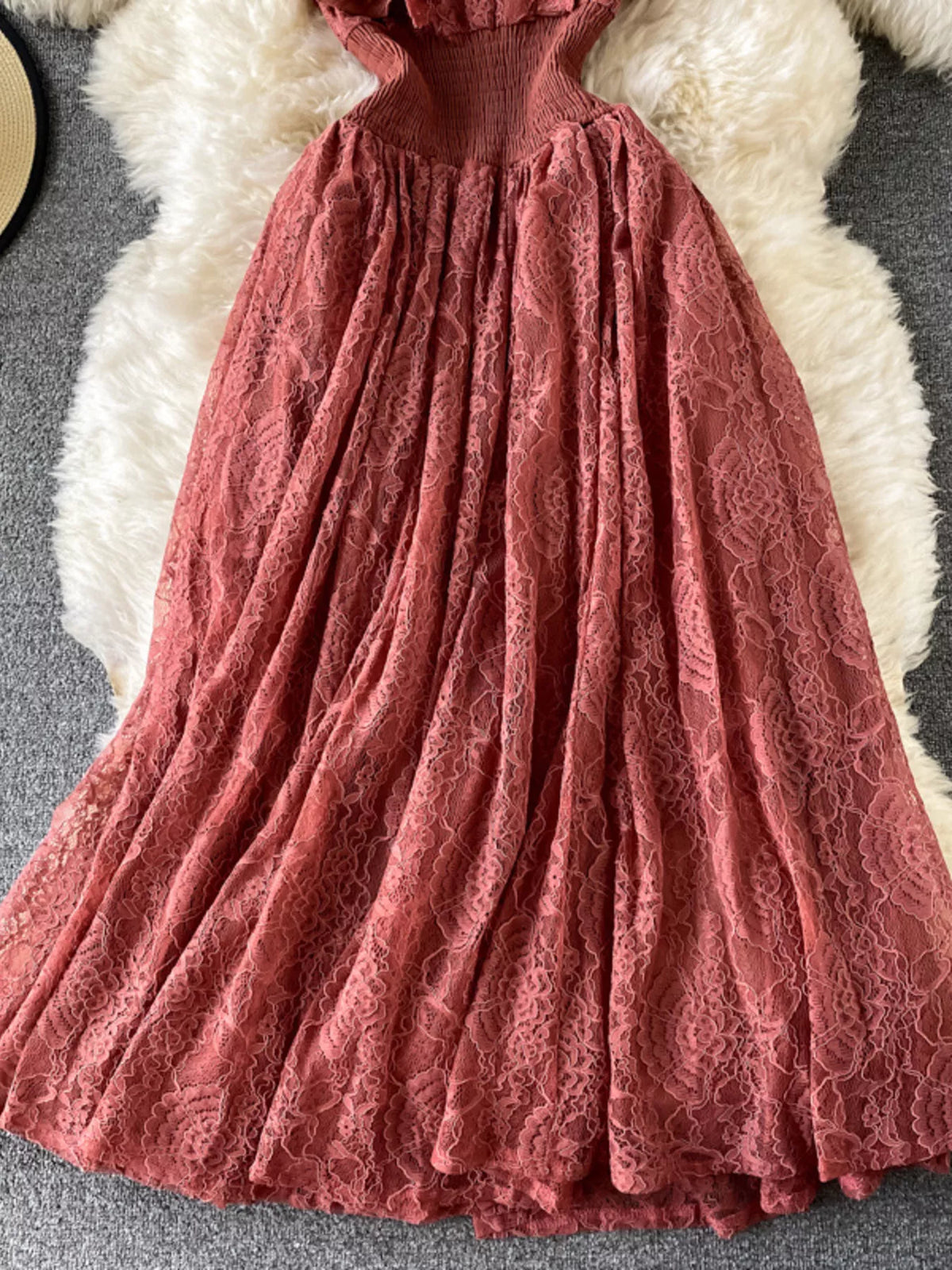 Ruffled mock neck lace maxi dress, back view