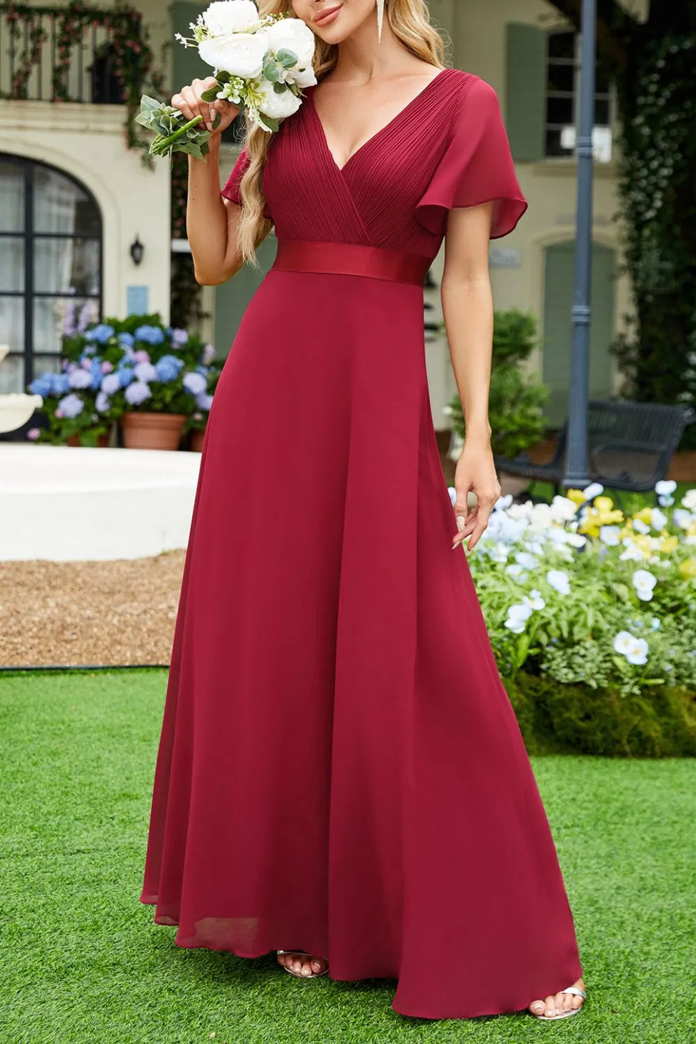 surplice flutter sleeve maxi dress skirt detail