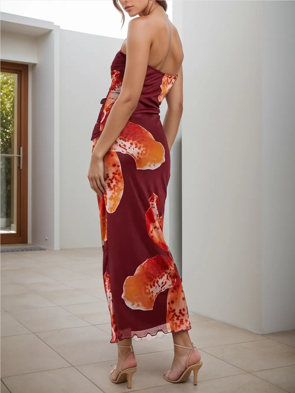 burgundy printed tube strapless maxi dress full length view