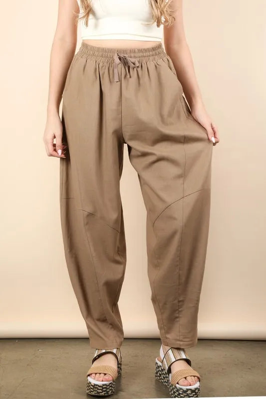 VERY J Solid Barrel Comfy Woven Pants Mocha - Fashorio