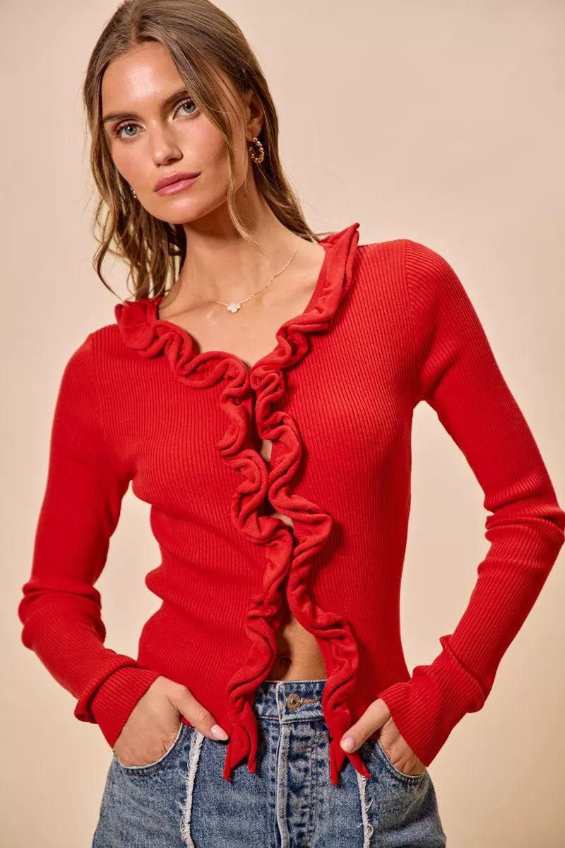 Ribbed knit cardigan cascade ruffle detail